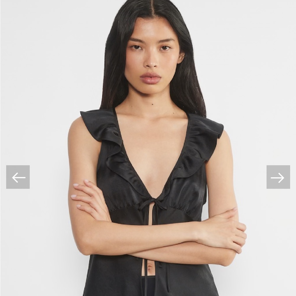 Aritzia Black Ruffle V-Neck Satin Tie Front Top